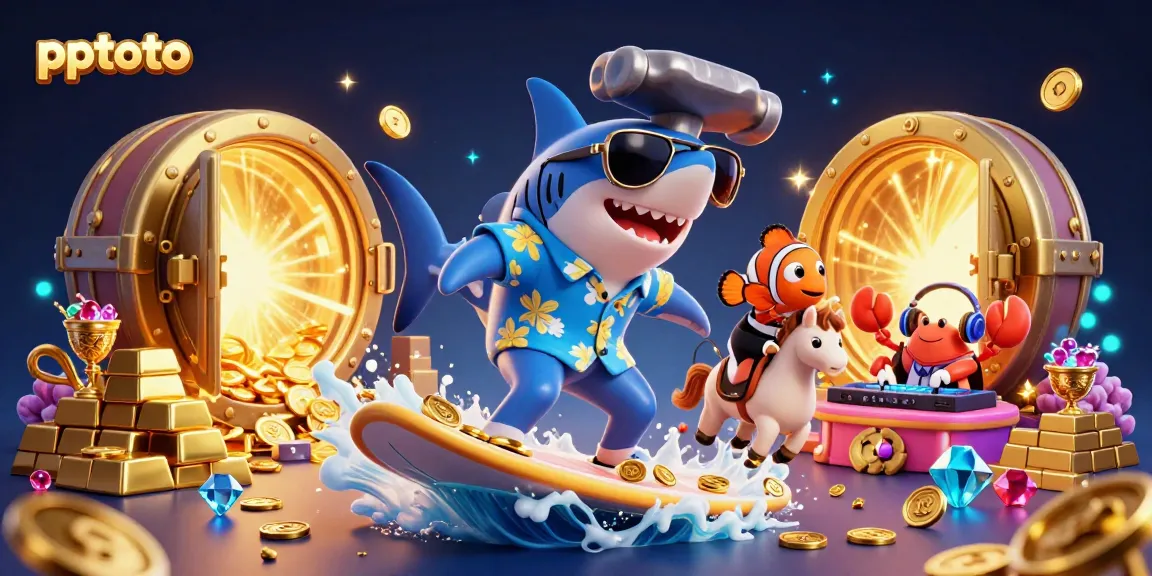 Feel the excitement of pptoto with 3D characters surfing on gold coins and vibrant casino elements.
