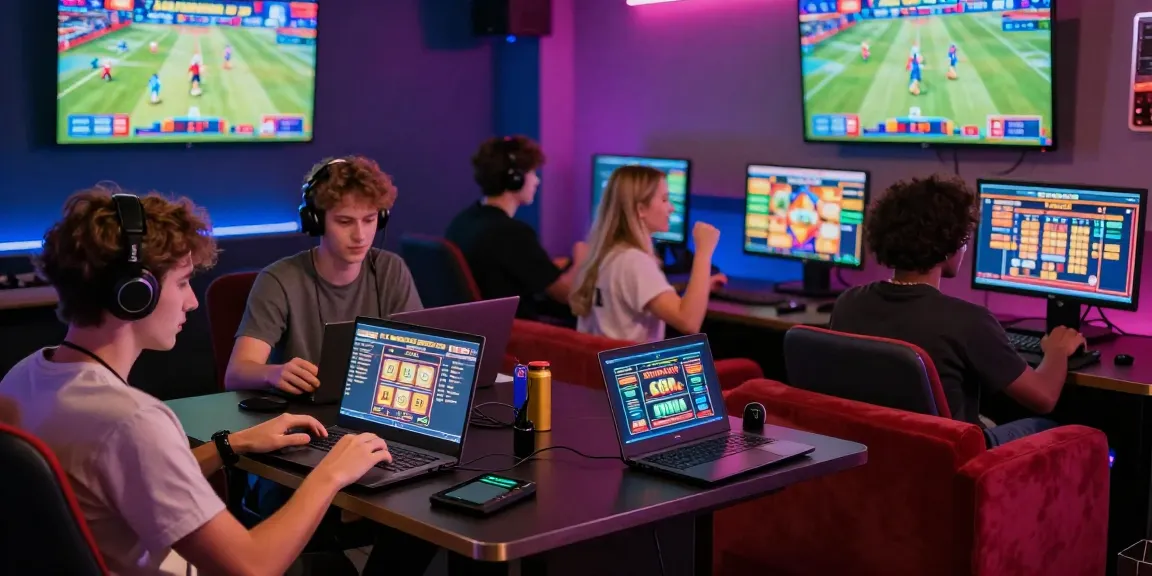 Online casinos Australia scene with diverse players enjoying engaging gaming experiences in a vibrant lounge.