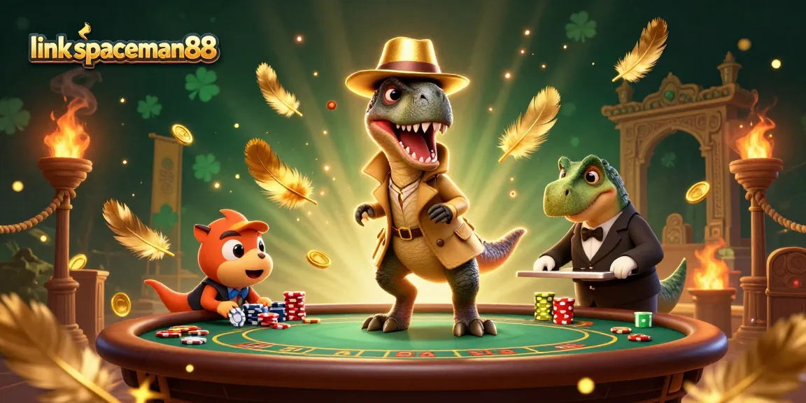 Engage with the dynamic casino atmosphere featuring link spaceman88 as a velociraptor card counter amidst a blackjack setting.