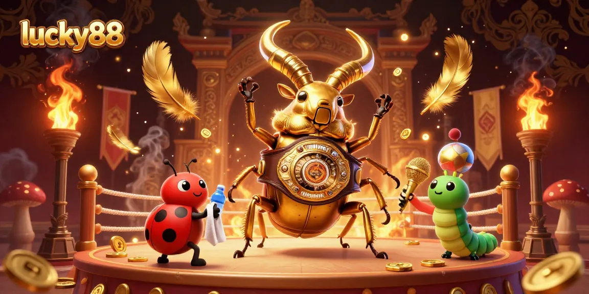 Engaging lucky88 gameplay with a giant golden stag beetle boxing champion, ladybug corner-man, and caterpillar announcer