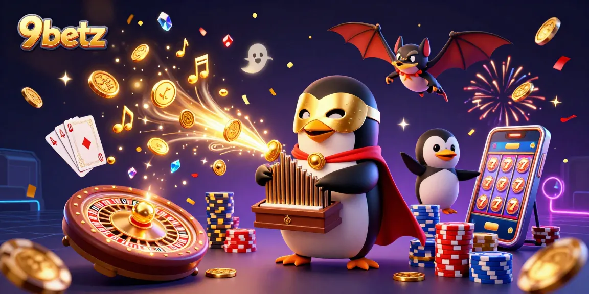 Experience the thrill of 9betz with a cartoon penguin orchestrating wins amidst cascading coins and vibrant casino elements.