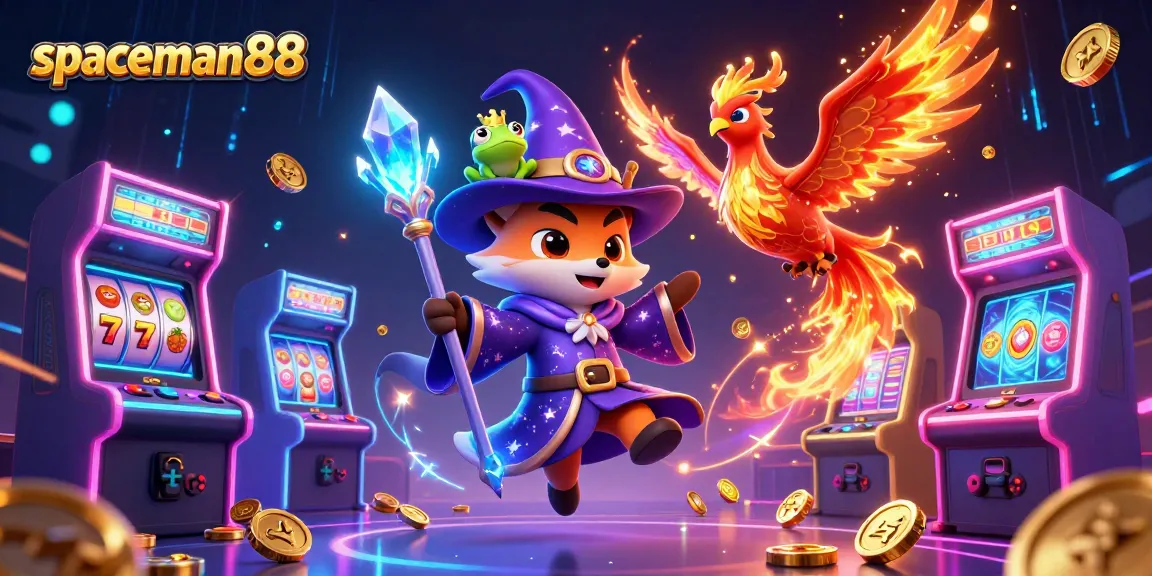 Experience thrilling gameplay with spaceman88 in a vibrant casino scene filled with slot reels and magical characters.