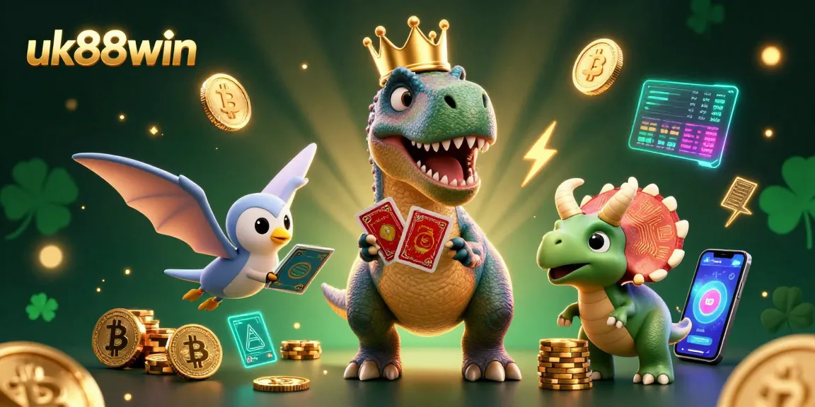 Engage in thrilling gaming adventures with uk88win alongside a T-Rex and friends stacking chips!