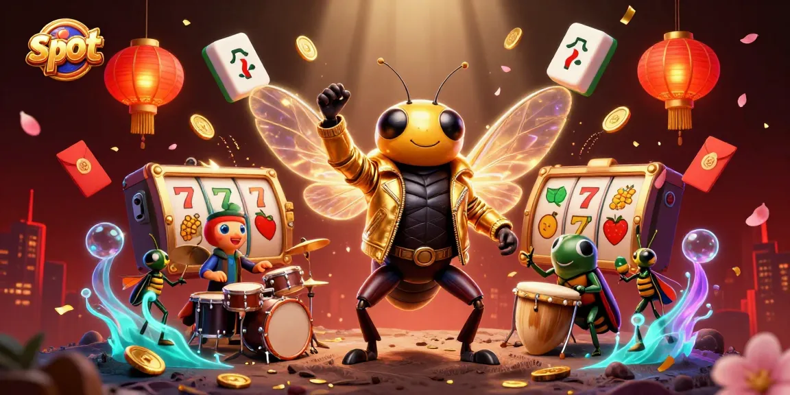 Gambar slot yang menampilkan cicada rock star dan elemen judi yang berwarna-warni.