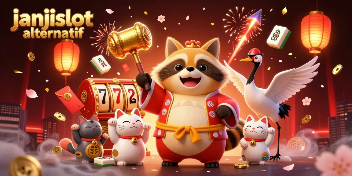 Experience the excitement of janjislot alternatif with cheerful characters and vibrant casino symbols in this dynamic illustration.
