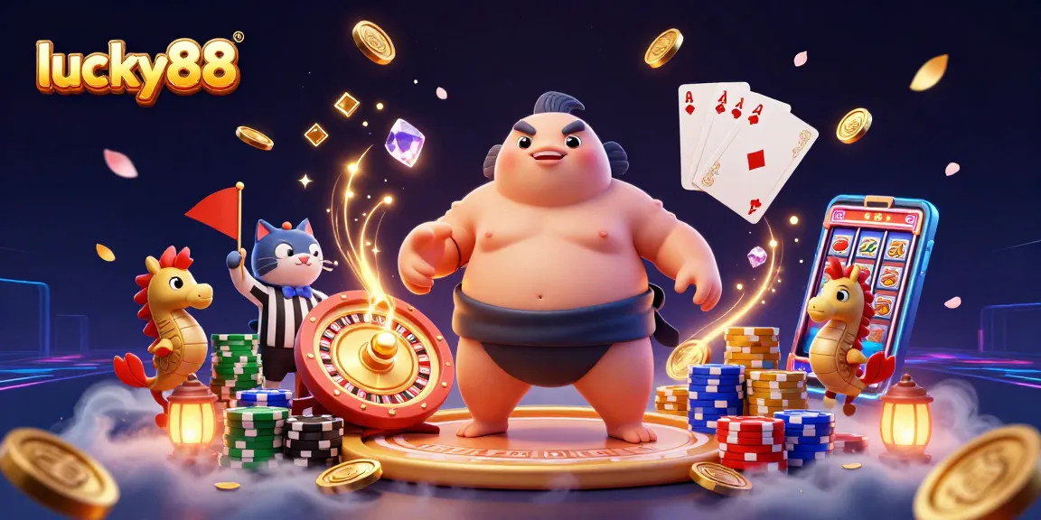 Engage with lucky88 at an underwater casino scene featuring a fugu, catfish referee, and vibrant gaming elements.