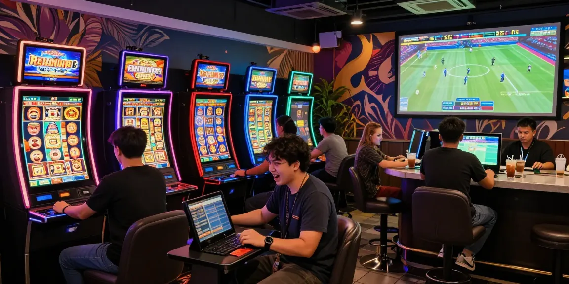 Exciting gaming lounge scene at situs raja328 with friends enjoying slots and sports betting, capturing the lively atmosphere.