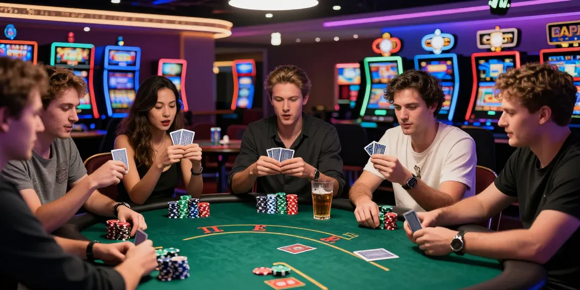Friends enjoying a lively poker game at newbet4d casino with vibrant colors and energy.