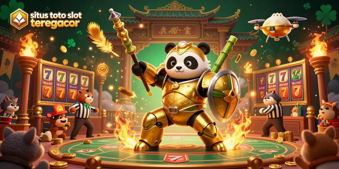 Experience excitement with situs toto slot tergacor as a golden panda in a mech-suit battles in a vibrant 3D casino.